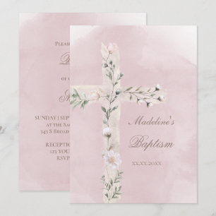 Holy Cross on dusty pink watercolor Baptism Invitation