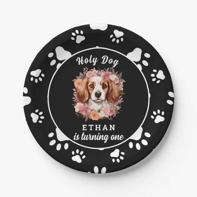 Holy Dog, I'm One | Dog Girl 1st Birthday Paper Plate (Front)
