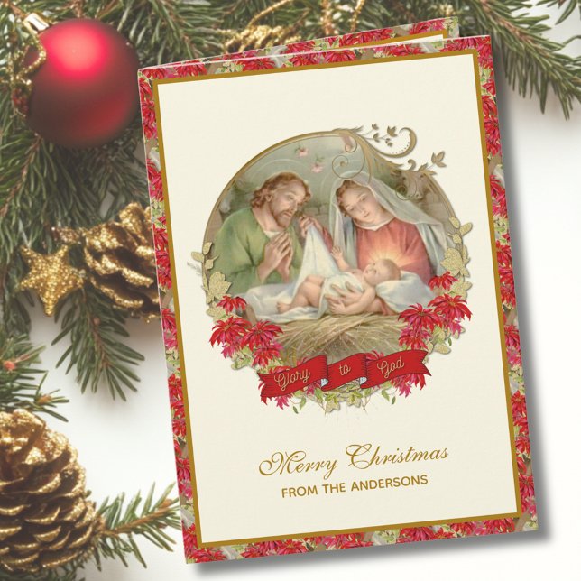 Holy Family Nativity Christmas Poinsettia  Holiday Card (Creator Uploaded)