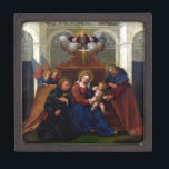 Holy Family with Saint Nicholas of Tolentino Keepsake Box<br><div class="desc">Lovely 16th century painting of Mary Joseph and baby Jesus with Saint at their side.  Above the temple are angels and the Holy Spirit of God.  Fine art by Italian painter Lodovico Mazzolino (Mazzolini da Ferrara).</div>