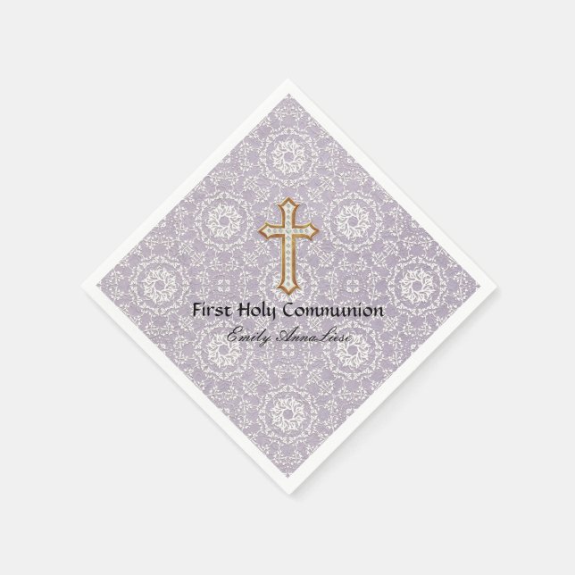 Holy First Communion Gold Golden Cross Lace Girl Napkin (Corner)