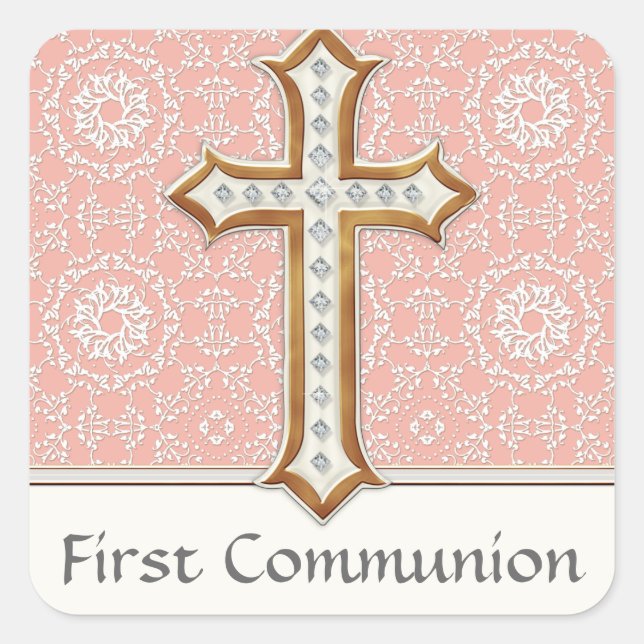 Holy First Communion Gold Golden Cross Lace Girl Square Sticker (Front)