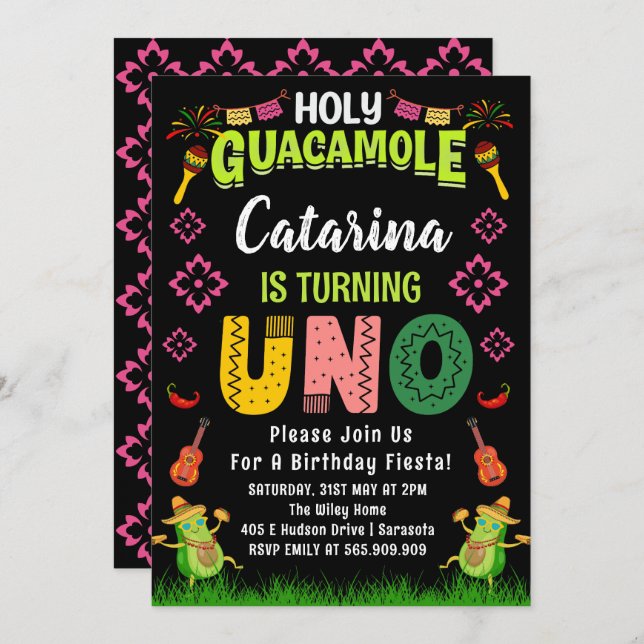 Holy Guacamole Fiesta avocado 1st Birthday Uno Invitation (Front/Back)