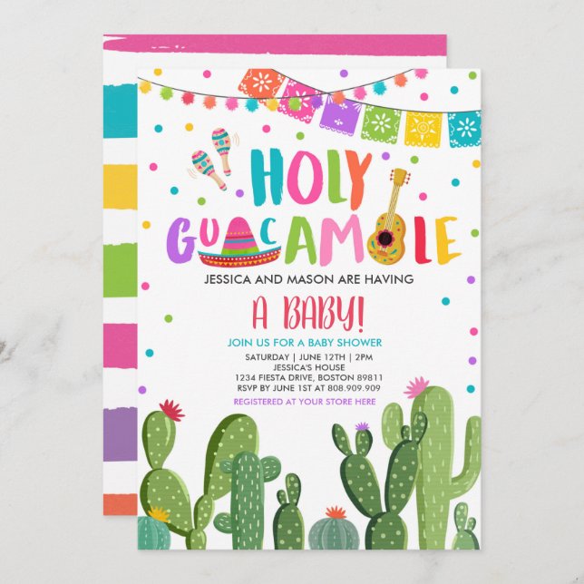 Holy Guacamole Fiesta Baby Shower Cactus Invitation (Front/Back)