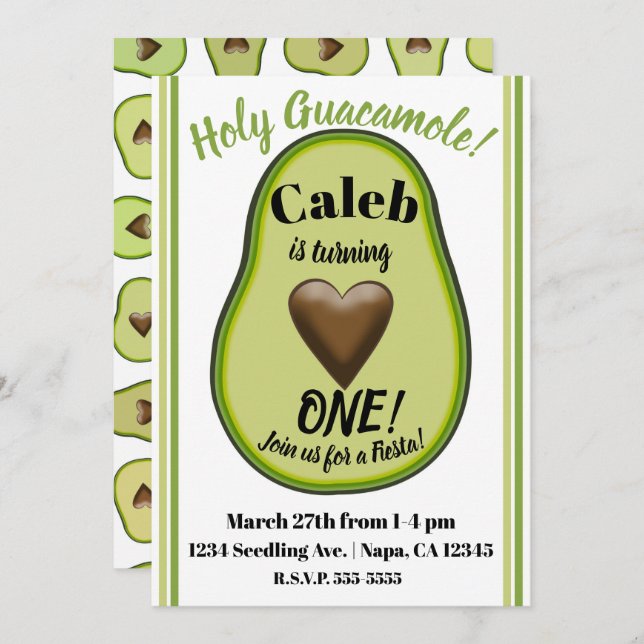 Holy Guacamole Heart Avocado 1st Birthday Party Invitation (Front/Back)
