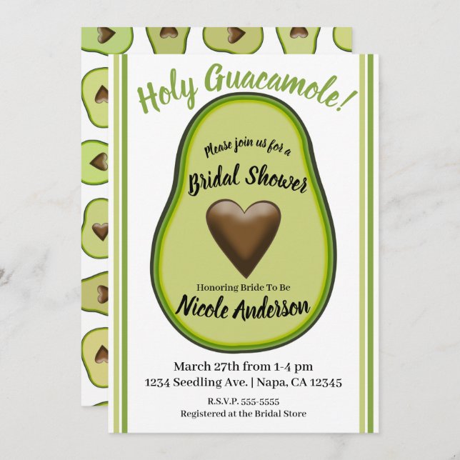 Holy Guacamole Heart Avocado Bridal Shower Invitation (Front/Back)
