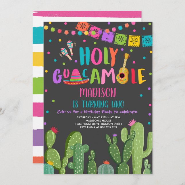 Holy Guacamole Uno 1st Birthday Cactus Fiesta Invi Invitation (Front/Back)