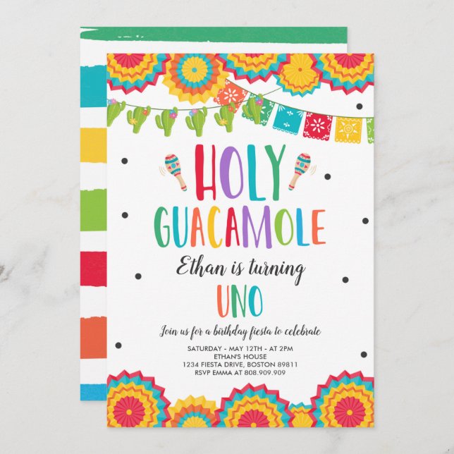 Holy Guacamole Uno 1st Birthday Cactus Fiesta Invi Invitation (Front/Back)