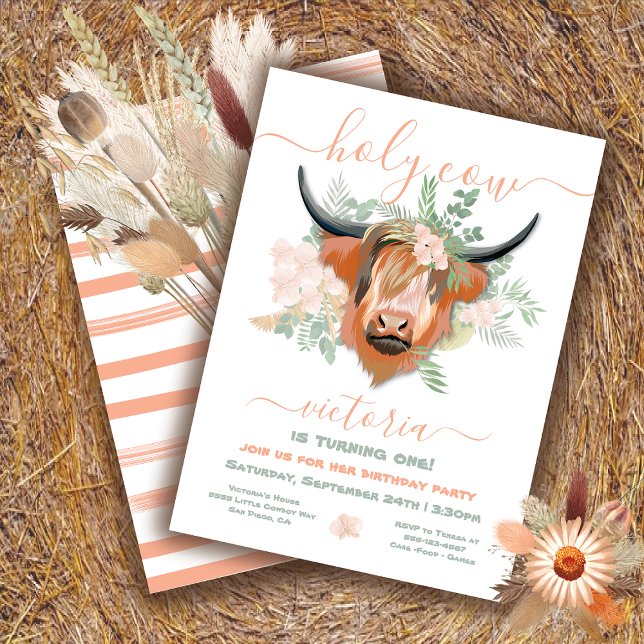 Holy Highland Cow Floral Birthday Party Invitation (Creator Uploaded)