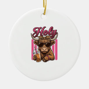 Holy Highland Cow Vintage Boba Tea Shirt Design_1 Ceramic Tree Decoration
