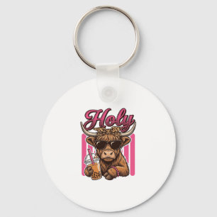 Holy Highland Cow Vintage Boba Tea Shirt Design_1 Key Ring