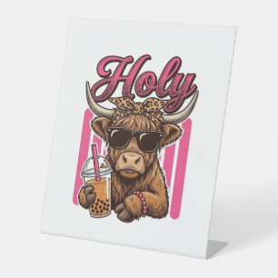 Holy Highland Cow Vintage Boba Tea Shirt Design_1 Pedestal Sign