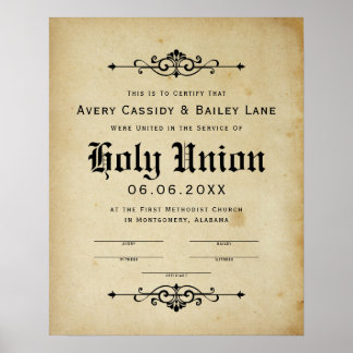 "Holy Matrimony" Antique Wedding Certificate Poster