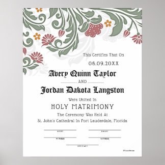 "Holy Matrimony" Floral Scroll Wedding Certificate Poster