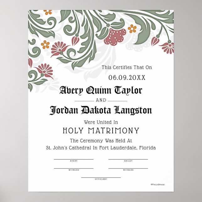 "Holy Matrimony" Floral Scroll Wedding Certificate Poster (Front)