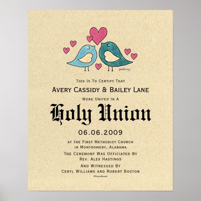 "Holy Matrimony" Love Birds Wedding Certificate Poster (Front)