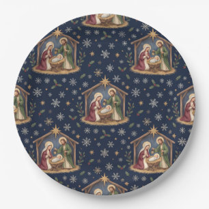 Holy Nativity Navy Blue Christmas Star & Snowflake Paper Plate