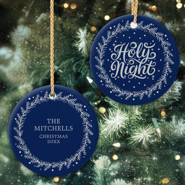 Holy Night Blue Silver Script Elegant Keepsake Ceramic Tree Decoration (Creator Uploaded)