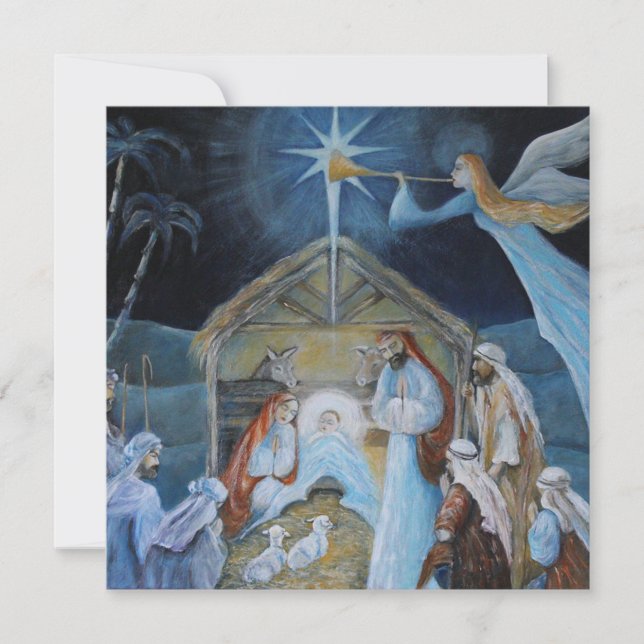 Holy Night Harmony: A Peaceful Nativity Scene Holiday Card (Front)