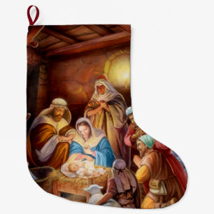Holy night jesus in manger large christmas stocking