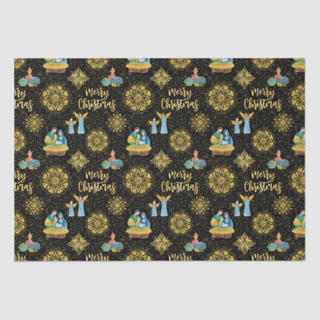 Holy Night Nativity Mary Joseph Jesus Golden Stars Tissue Paper (Front)