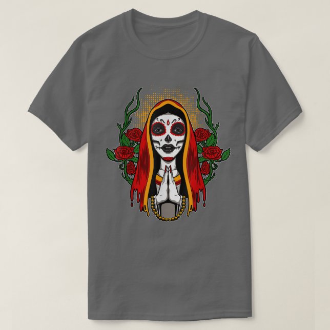 Holy Santa Muerte Cult Girl with Flowers  T-Shirt (Design Front)