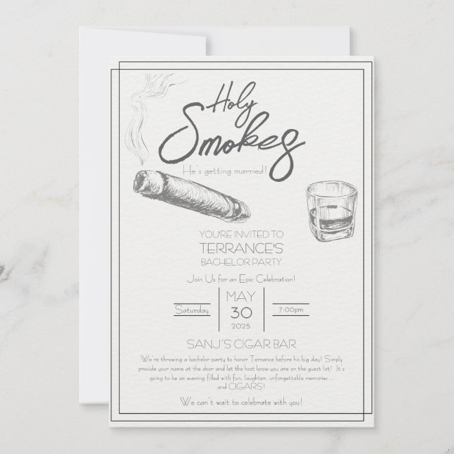 Holy Smokes Cigar Bachelor Party Invitation (Front)