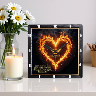 Holy Spirit Cross Flaming Heart Romans 5:5 Square Wall Clock