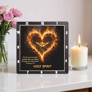 Holy Spirit Dove Flaming Heart Romans 5:5 Square Wall Clock