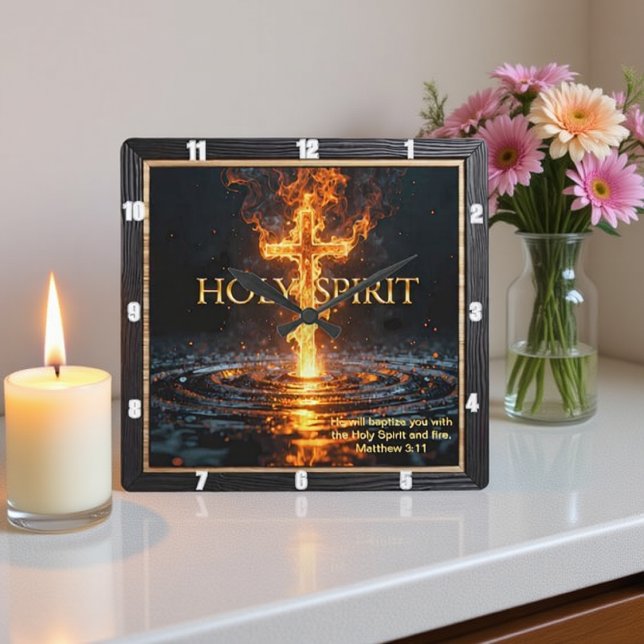 Holy Spirit Fire Cross Water Glowing Matthew 3:11 Square Wall Clock (Creator Uploaded)