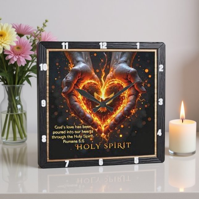 Holy Spirit Hands Flaming Heart Devotion  Romans 5 Square Wall Clock (Creator Uploaded)