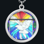Holy Spirit Stained Glass Dove Confirmation Silver Plated Necklace<br><div class="desc">This is a beautiful stained glass image of the Holy Spirit | Holy Ghost in the shape of a dove. A lovely gift for someone receiving the Sacrament of Confirmation. The Shower of Roses Shoppe also carries coordinating confirmation cards,  holy hards,  and men's ties.</div>