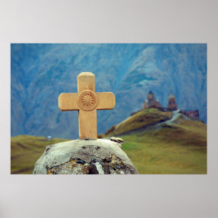 Holy Trinity church Stepantsminda Kazbegi Georgia Poster