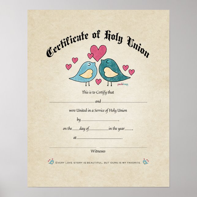Holy Union Love Birds Wedding Certificate Poster (Front)