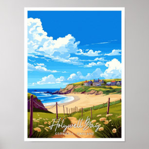 Holywell Bay Cornwall England Travel illustration Poster
