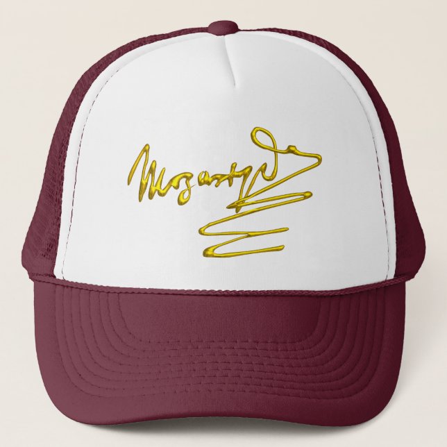 HOMAGE TO MOZART Gold Signature Of Composer White Trucker Hat (Front)