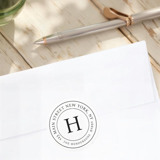 Home Address Modern Simple Chic Family Monogram Classic Round Sticker (Creator Uploaded)