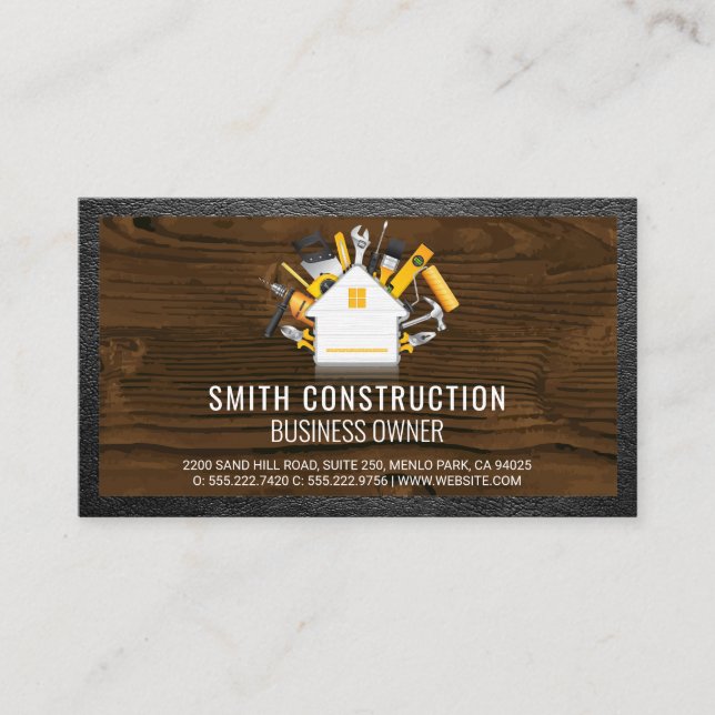 Home and Tools | Wood and Leather Business Card (Front)