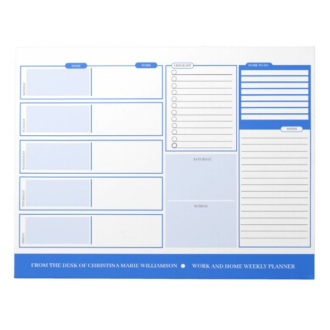 Home and Work Weekly Blue Desck Planner Notepad (Front)
