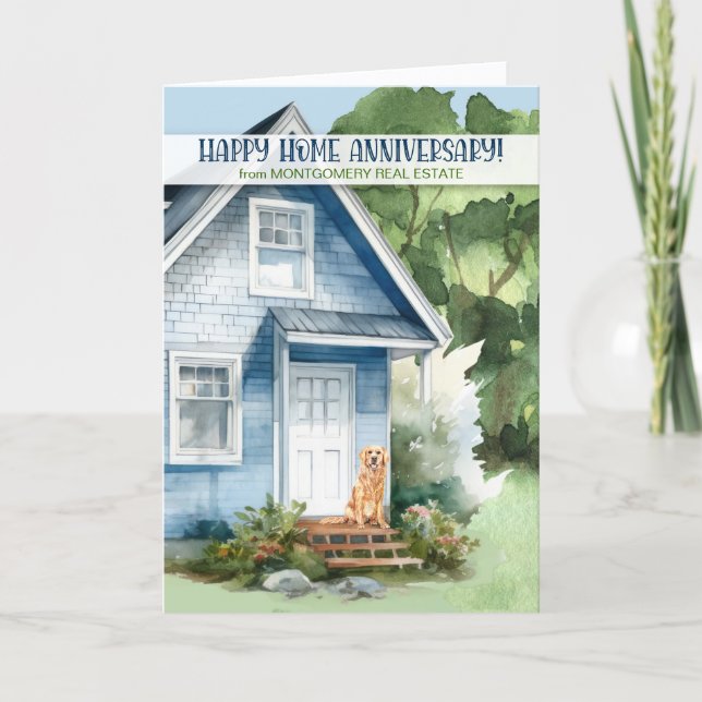 Home Anniversary Realtor Blue House and Dog Custom Card (Front)