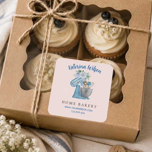 Home Bakery Blue Flower Mixer Square Sticker (Creator Uploaded)