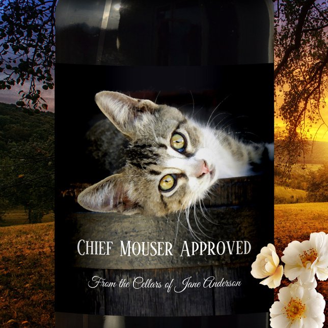 Home Brew Funny Cat Wine Label (Wine label featuring a cute kitten lying on a wine barrel with your own funny texts)