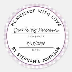 Home Canning Product Name Date Purple Plaid Jar Classic Round Sticker