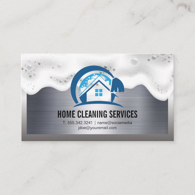 Home Cleaning Logo | Soap Suds | Metallic Business Card (Front)