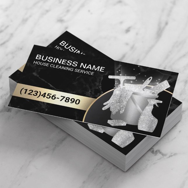 Home Cleaning Maid Service Modern Black Marble Business Card (Creator Uploaded)