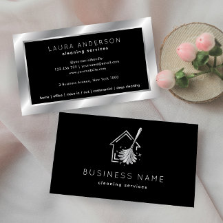 Home Cleaning Services Housekeeper Black & Silver Business Card