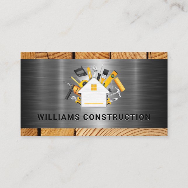 Home Construction Tools Logo | Metal and Wood Business Card (Front)