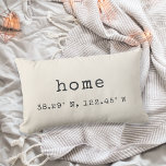 "Home" Custom Coordinates Throw Pillow | Ivory<br><div class="desc">Show your love for your hometown or current city with our custom coordinates lumbar throw pillow. Shown with "home" and the coordinates beneath, our neutral ivory cream pillow features your city name and latitude and longitude in charcoal vintage typewriter lettering. Enter your city name and coordinates using the fields provided,...</div>