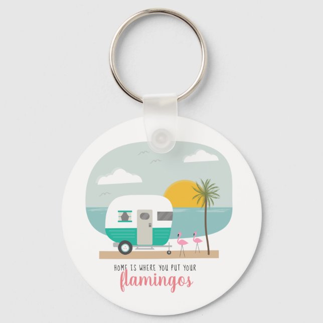 Home Flamingos Turquoise Camper Beach Key Ring (Front)