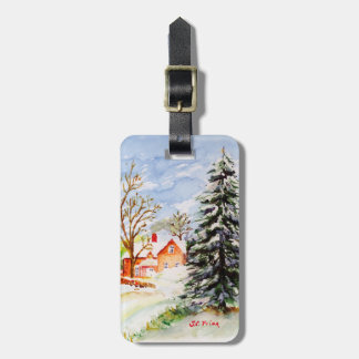 Home for Christmas Snowy Winter Scene Watercolor Luggage Tag